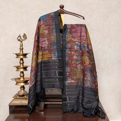 Handloom Tussar Silk Kurta, Bottom Fabric & Handloom Tussar Silk Hand Painted Kalam Kari Dupatta