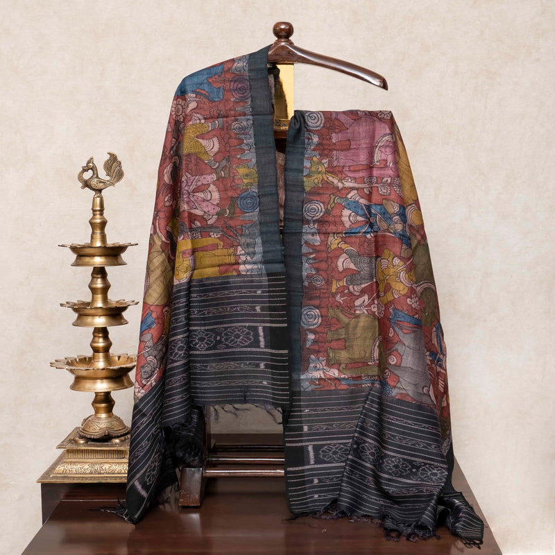 Handloom Tussar Silk Kurta, Bottom Fabric & Handloom Tussar Silk Hand Painted Kalam Kari Dupatta