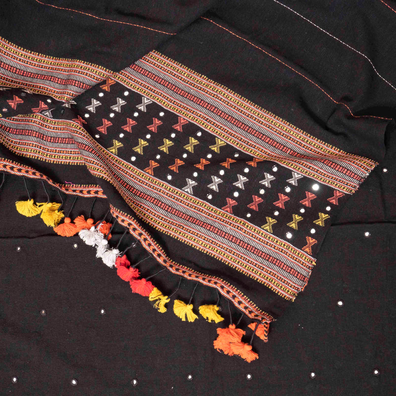 Handloom Kala Cotton Kurta Fabric With Mirror Work, Handloom Kala Cotton Bottom Fabric & Handloom Kala Cotton Dupatta With Mirror Work