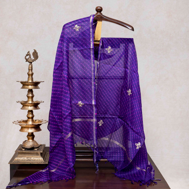 Hand Tie - Dye Kota Silk Kurta Fabric With Zari Hand Embroidery & Zari Hand Embroidery Dupatta