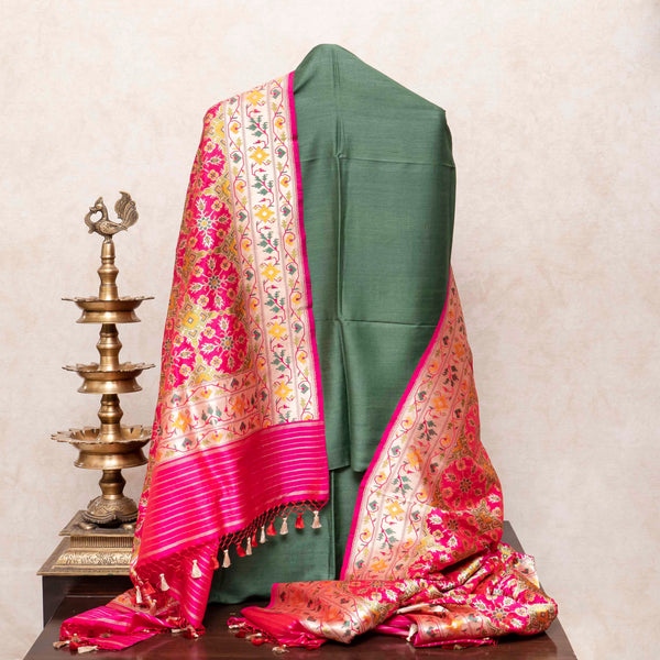 Handloom Muga Silk Kurta, Bottom Fabric & Handloom Banarsi Katan Silk Dupatta