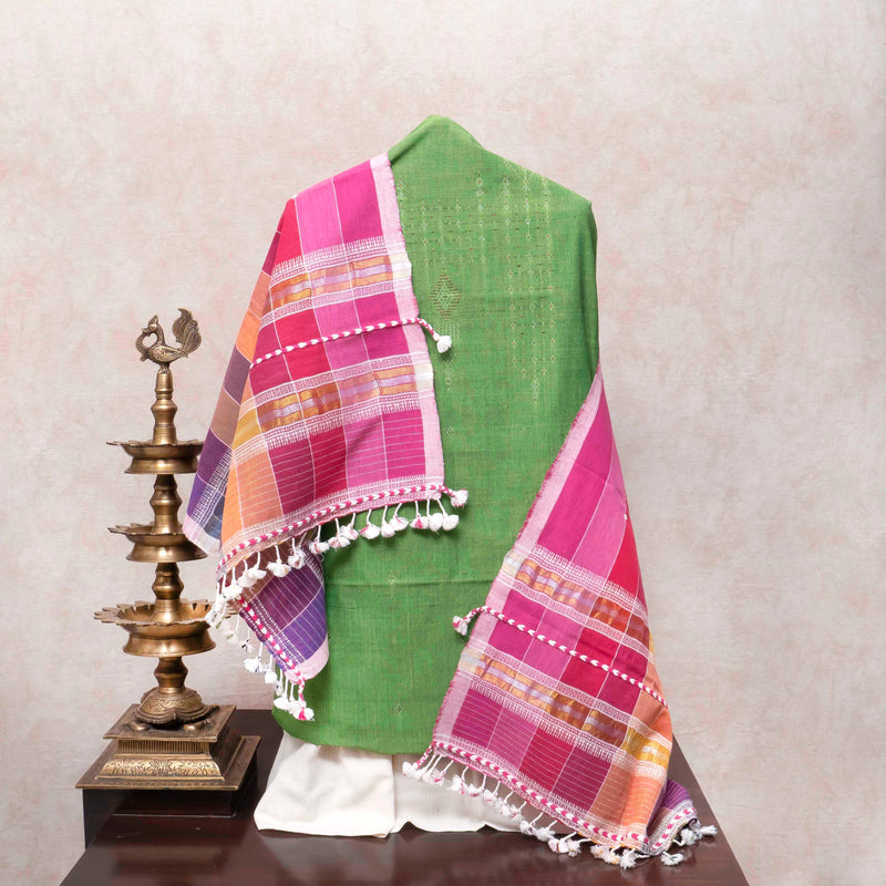 Lime Green Handloom Cotton Suit Set with Multicolour Checkered Kala Cotton Stole