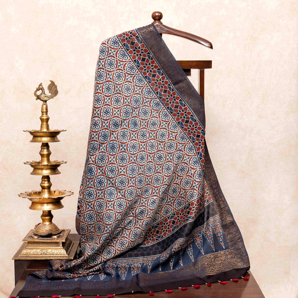 Hand Block Chanderi Ajrakh Kurta Fabric & Hand Block Chanderi Ajrakh Dupatta