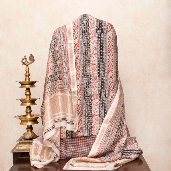 Maheshwari Silk Hand Block Bagh Print Kurta Fabric, Bottom Fabric & Maheshwari Silk Hand Block Bagh Print Dupatta