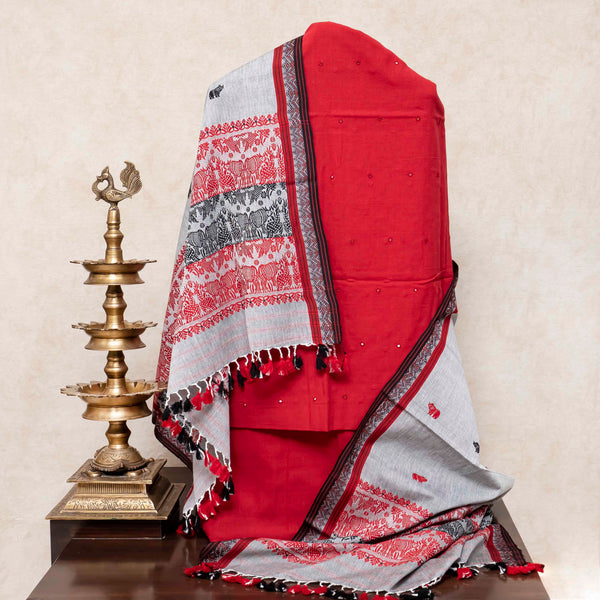 Handloom Kala Cotton Kurta Fabric With Mirror Work, Handloom Kala Cotton Bottom Fabric & Handloom Cotton Handweave Dupatta With Motif