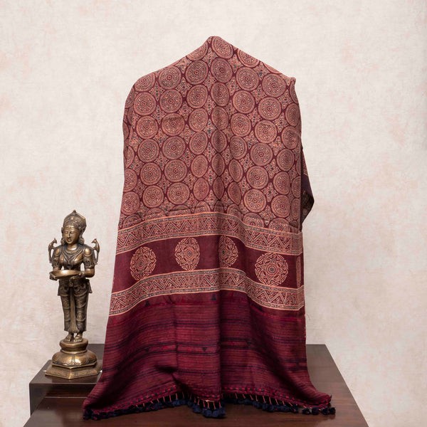 Handwoven Woollen Ajrakh Maroon Shawl