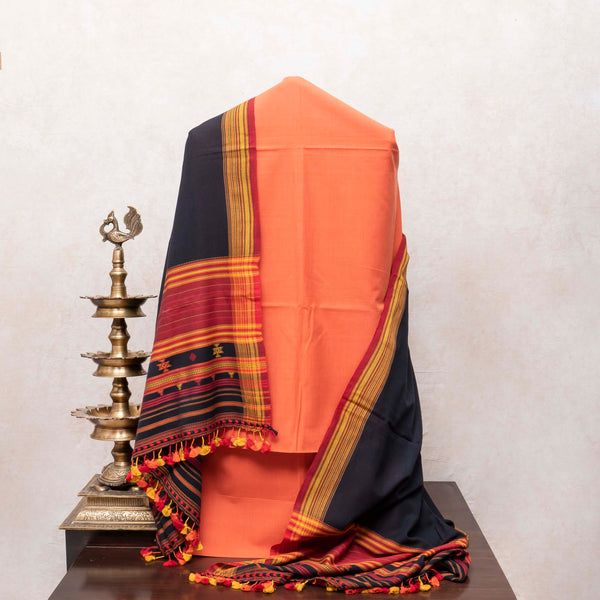 Elegant Handloom Cotton Kutchi Weave Suit Set – Rust Orange & Black Harmony