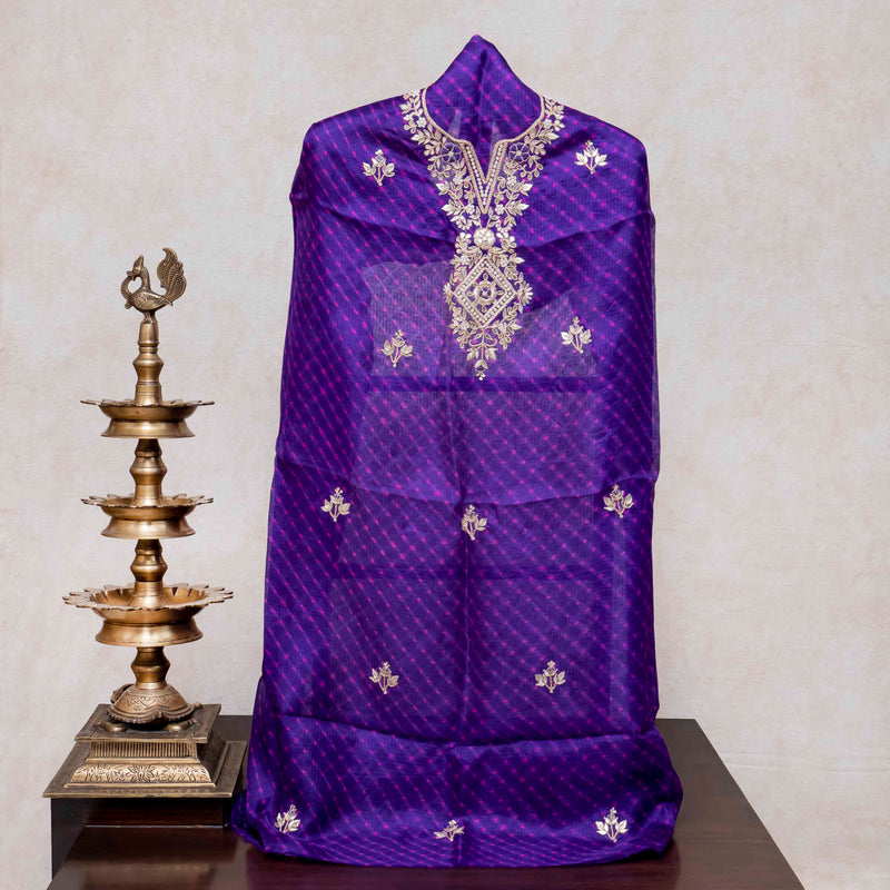 Hand Tie - Dye Kota Silk Kurta Fabric With Zari Hand Embroidery & Zari Hand Embroidery Dupatta