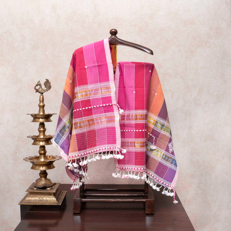 Lime Green Handloom Cotton Suit Set with Multicolour Checkered Kala Cotton Stole
