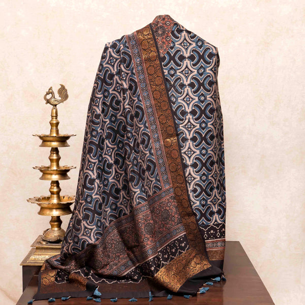 Hand Block Chanderi Ajrakh Kurta Fabric & Hand Block Chanderi Ajrakh Dupatta