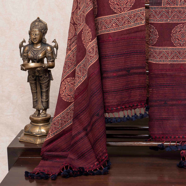 Handwoven Woollen Ajrakh Maroon Shawl
