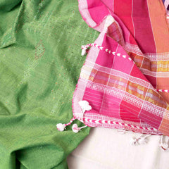 Lime Green Handloom Cotton Suit Set with Multicolour Checkered Kala Cotton Stole