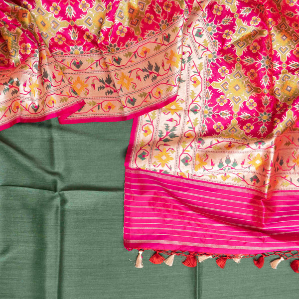 Handloom Muga Silk Kurta, Bottom Fabric & Handloom Banarsi Katan Silk Dupatta