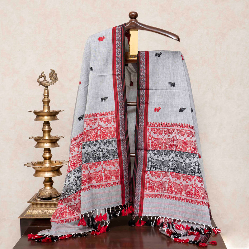 Handloom Kala Cotton Kurta Fabric With Mirror Work, Handloom Kala Cotton Bottom Fabric & Handloom Cotton Handweave Dupatta With Motif