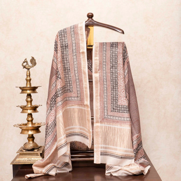 Maheshwari Silk Hand Block Bagh Print Kurta Fabric, Bottom Fabric & Maheshwari Silk Hand Block Bagh Print Dupatta
