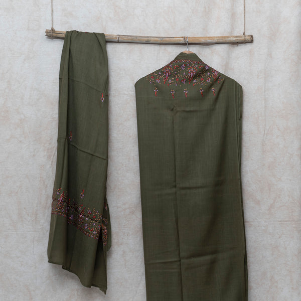 Green Kashmiri Sozni Hand Embroidered Woollen Kurta & Bottom Fabric With Sozni Embroidery Wollen Stole