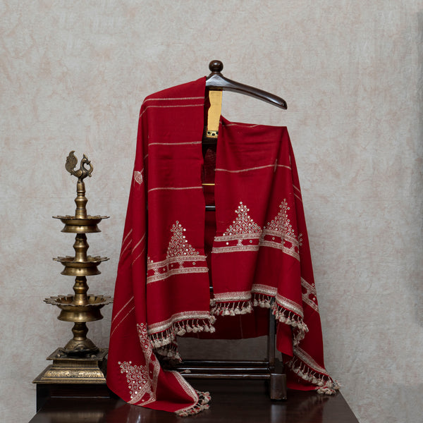 Red Handwoven Woollen Shawl With Mirror Handwork