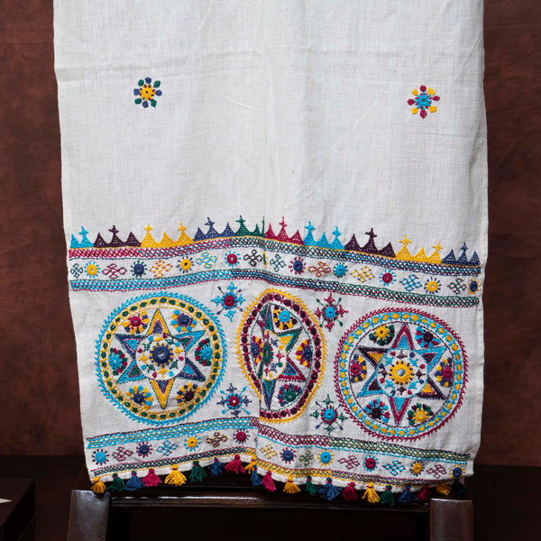 Handloom Cotton Off White Lambani Stole With Hand Embroidery