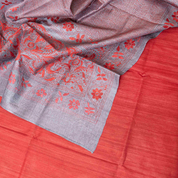 Handloom Khadi Silk Suit Fabric With Tussar Silk Hand Embroidery Kantha Dupatta