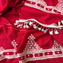 Red Handwoven Woollen Shawl With Mirror Handwork