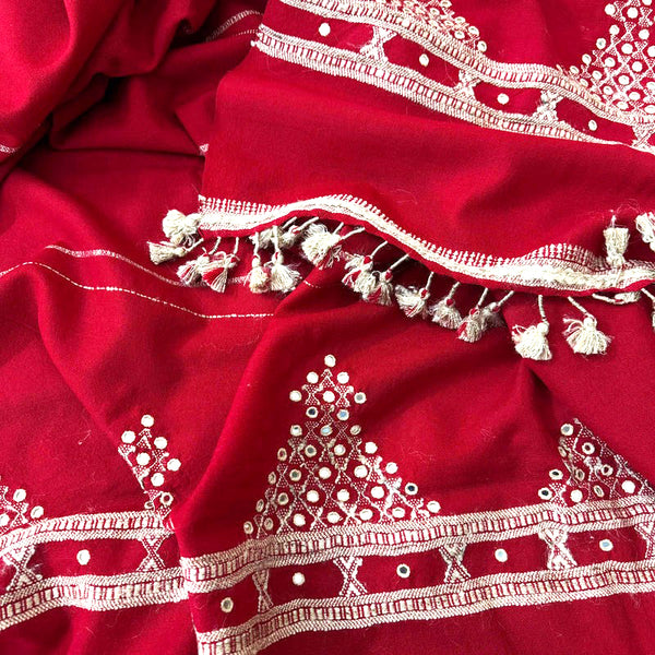 Red Handwoven Woollen Shawl With Mirror Handwork