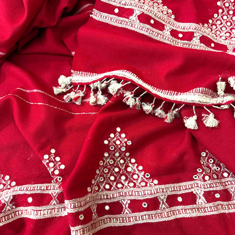 Red Handwoven Woollen Shawl With Mirror Handwork