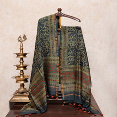 Hand Block Ajrakh Chanderi Silk Olive Dupatta