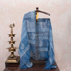 Indigo Bloom Handblock Cotton Suit with Kota Doria Dupatta