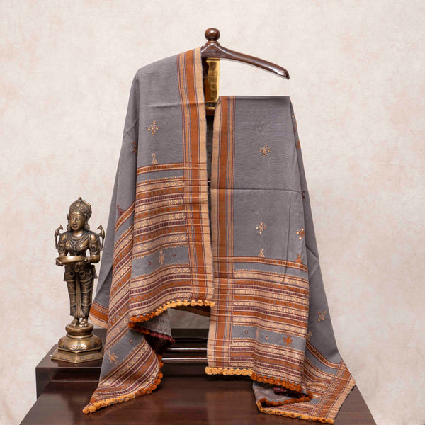 Handwoven Grey Woollen Shawl With Mirror Work