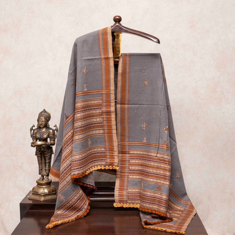 Handwoven Grey Woollen Shawl With Mirror Work