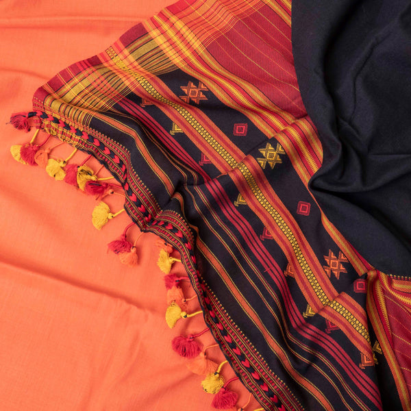 Elegant Handloom Cotton Kutchi Weave Suit Set – Rust Orange & Black Harmony