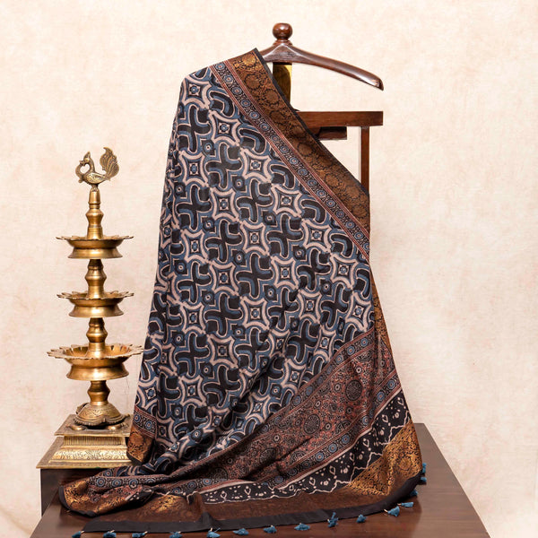 Hand Block Chanderi Ajrakh Kurta Fabric & Hand Block Chanderi Ajrakh Dupatta