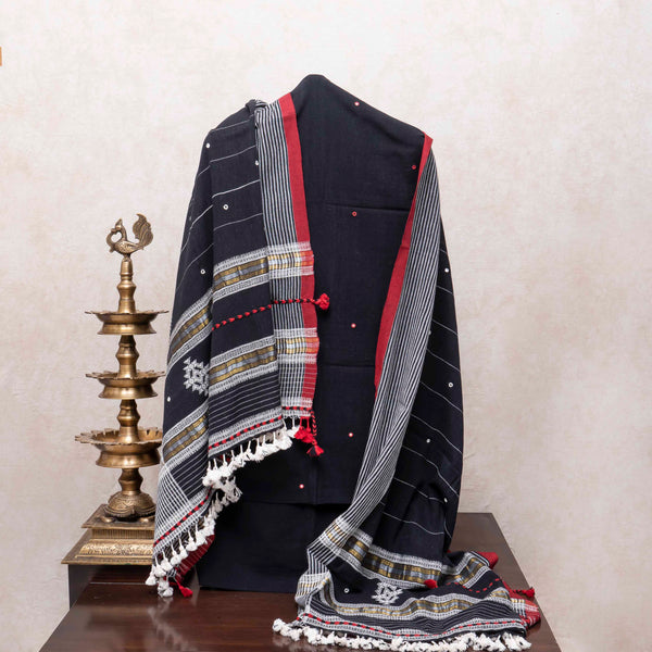 Midnight Grace Handloom Kala Cotton Mirror Work Suit Set