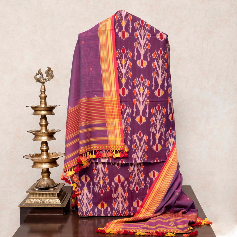 Handloom Cotton Ikkat Kurta, Bottom Fabric & Handloom  Cotton Kutchi Weave Dupatta