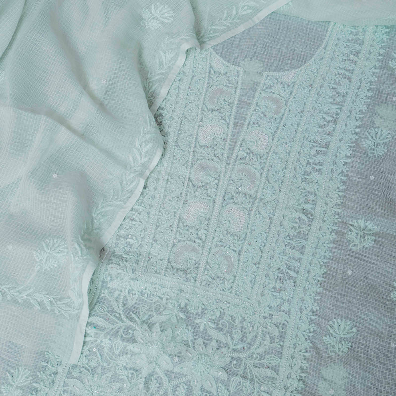 Cotton Kota Doria Chikankari Kurta Fabric With Hand Embroidery & Hand Embroidery Kota Doria Dupatta