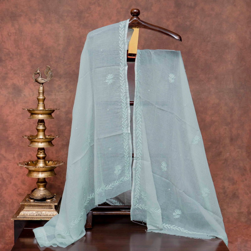 Cotton Kota Doria Chikankari Kurta Fabric With Hand Embroidery & Hand Embroidery Kota Doria Dupatta