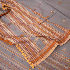 Handwoven Grey Woollen Shawl With Mirror Work