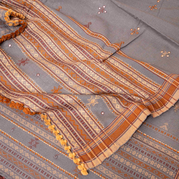 Handwoven Grey Woollen Shawl With Mirror Work