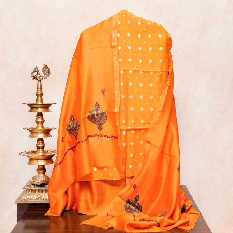 Handloom Chanderi Silk Bottom Fabric, Kashmiri Hand Embroidered Chanderi Silk Dupatta & Handloom Muslin Cotton Silk Jamdani Kurta Fabric