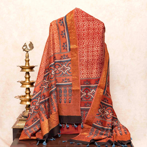 Hand Block Chanderi Ajrakh Kurta Fabric & Hand Block Chanderi Ajrakh Dupatta