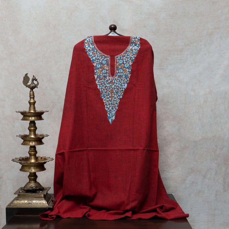 Maroon Kashmiri Hand Embroidery Handloom Kurta Fabric With Kashmiri Hand Embroidery Stole