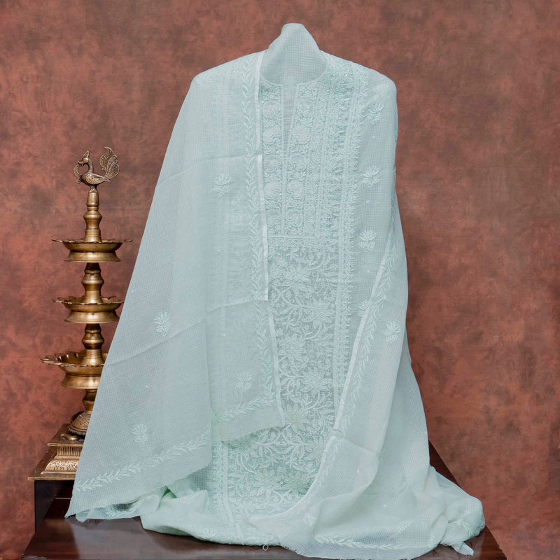 Cotton Kota Doria Chikankari Kurta Fabric With Hand Embroidery & Hand Embroidery Kota Doria Dupatta