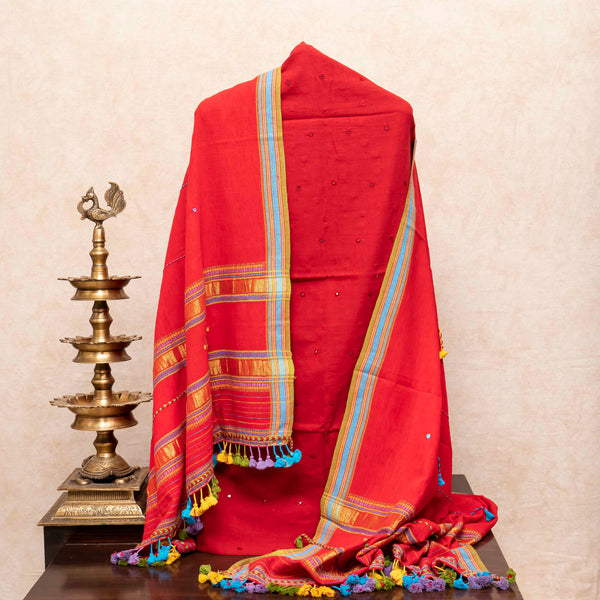 Handloom Kala Cotton Kurta Fabric With Mirror Work, Kala Cotton Bottom & Handloom Kala Cotton Dupatta