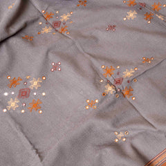 Handwoven Grey Woollen Shawl With Mirror Work