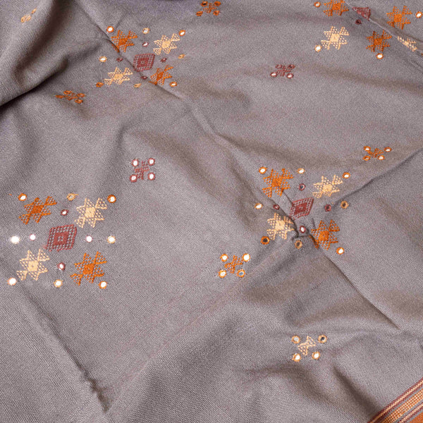 Handwoven Grey Woollen Shawl With Mirror Work