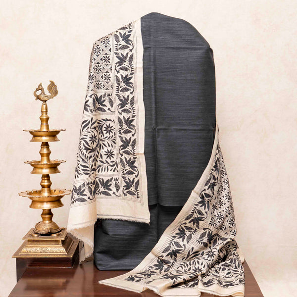 Handloom Khadi Silk Kurta, Bottom Fabric & Tussar Silk Dupatta With Kantha Hand Embroidery