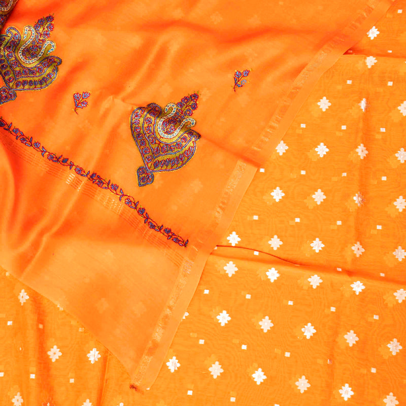 Handloom Chanderi Silk Bottom Fabric, Kashmiri Hand Embroidered Chanderi Silk Dupatta & Handloom Muslin Cotton Silk Jamdani Kurta Fabric