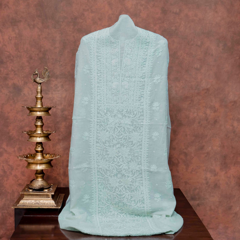 Cotton Kota Doria Chikankari Kurta Fabric With Hand Embroidery & Hand Embroidery Kota Doria Dupatta