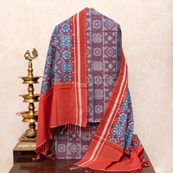 Handloom Cotton Ikkat Kurta, Bottom Fabric In Natural Dye & Handloom Cotton Ikkat Dupatta In Natural Dye