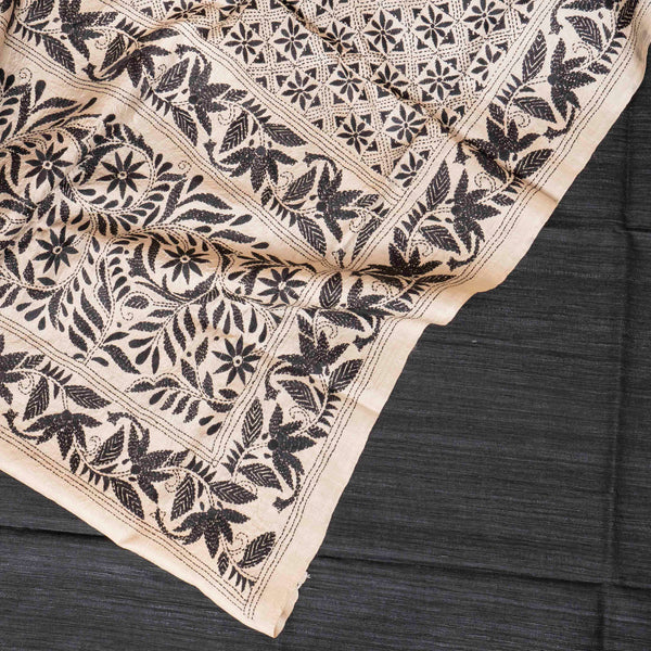 Handloom Khadi Silk Kurta, Bottom Fabric & Tussar Silk Dupatta With Kantha Hand Embroidery